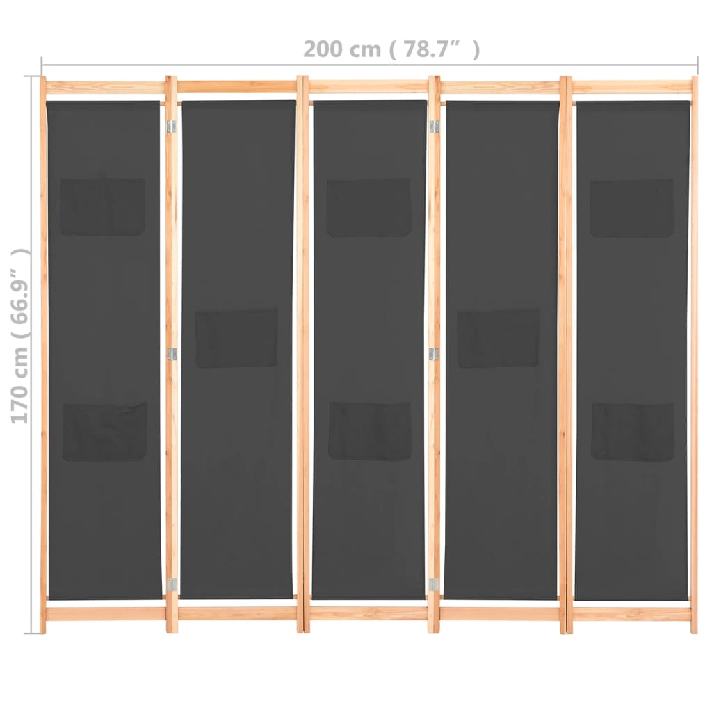 Cloison de séparation 5 panneaux Gris 200 x 170 x 4 cm Tissu XIOS