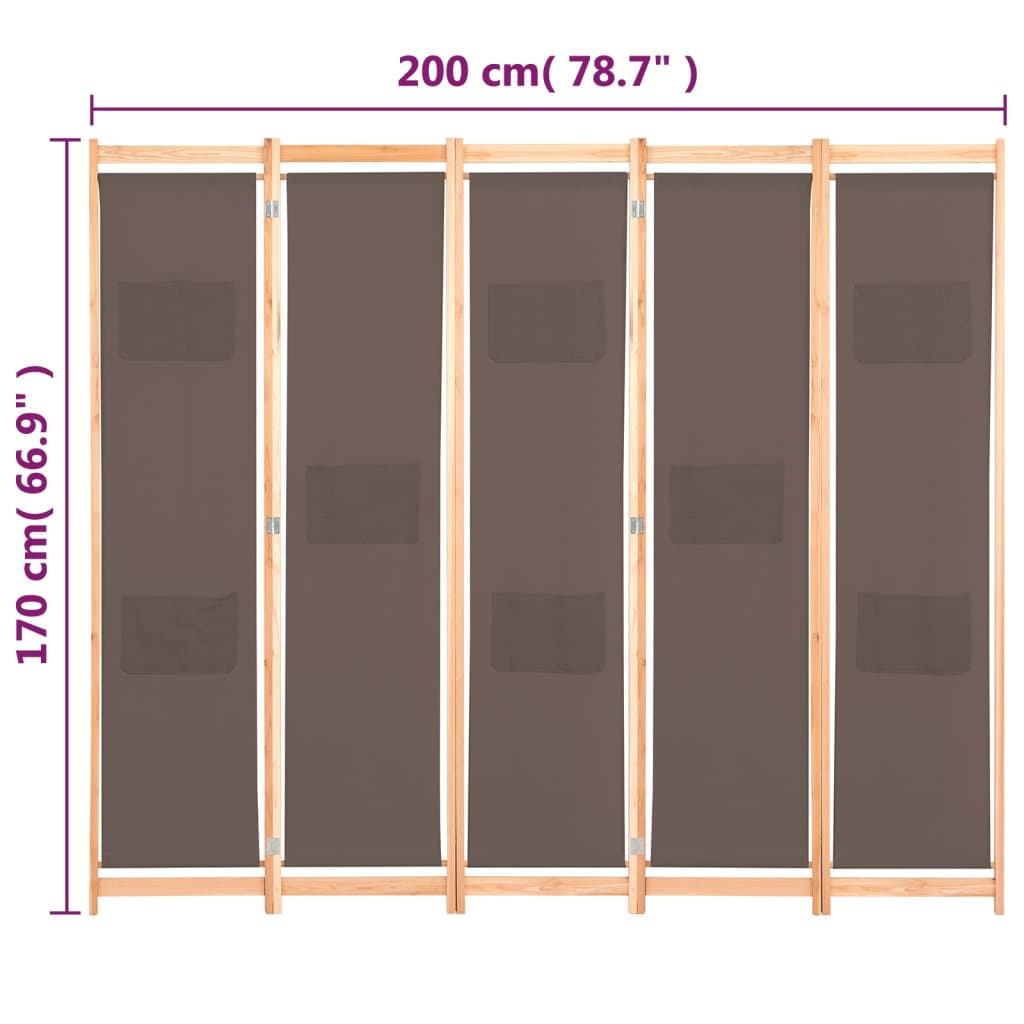Cloison de séparation 5 panneaux Marron 200 x 170 x 4 cm Tissu XIOS