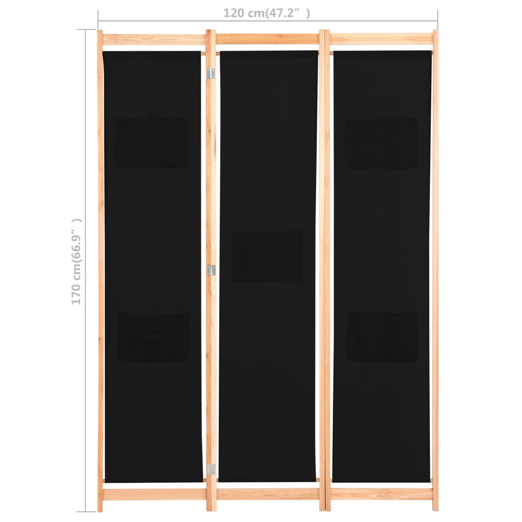 Cloison de séparation 3 panneaux Noir 120x170x4 cm Tissu - XIOS