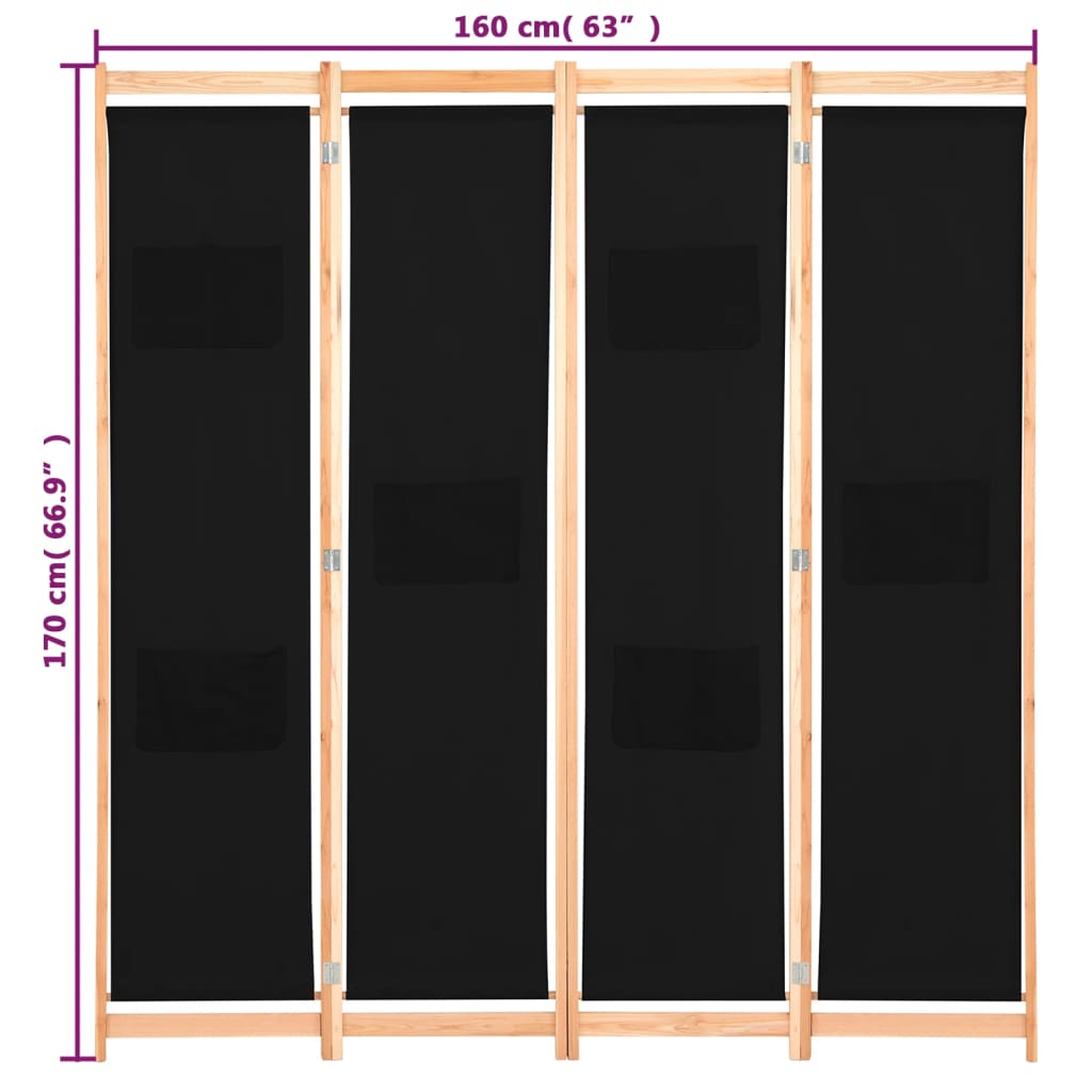 Cloison de séparation 4 panneaux Noir 160x170x4 cm Tissu XIOS