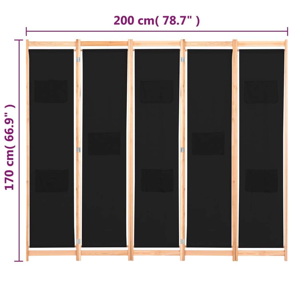 Cloison de séparation 5 panneaux Noir 200 x 170 x 4 cm Tissu - XIOS