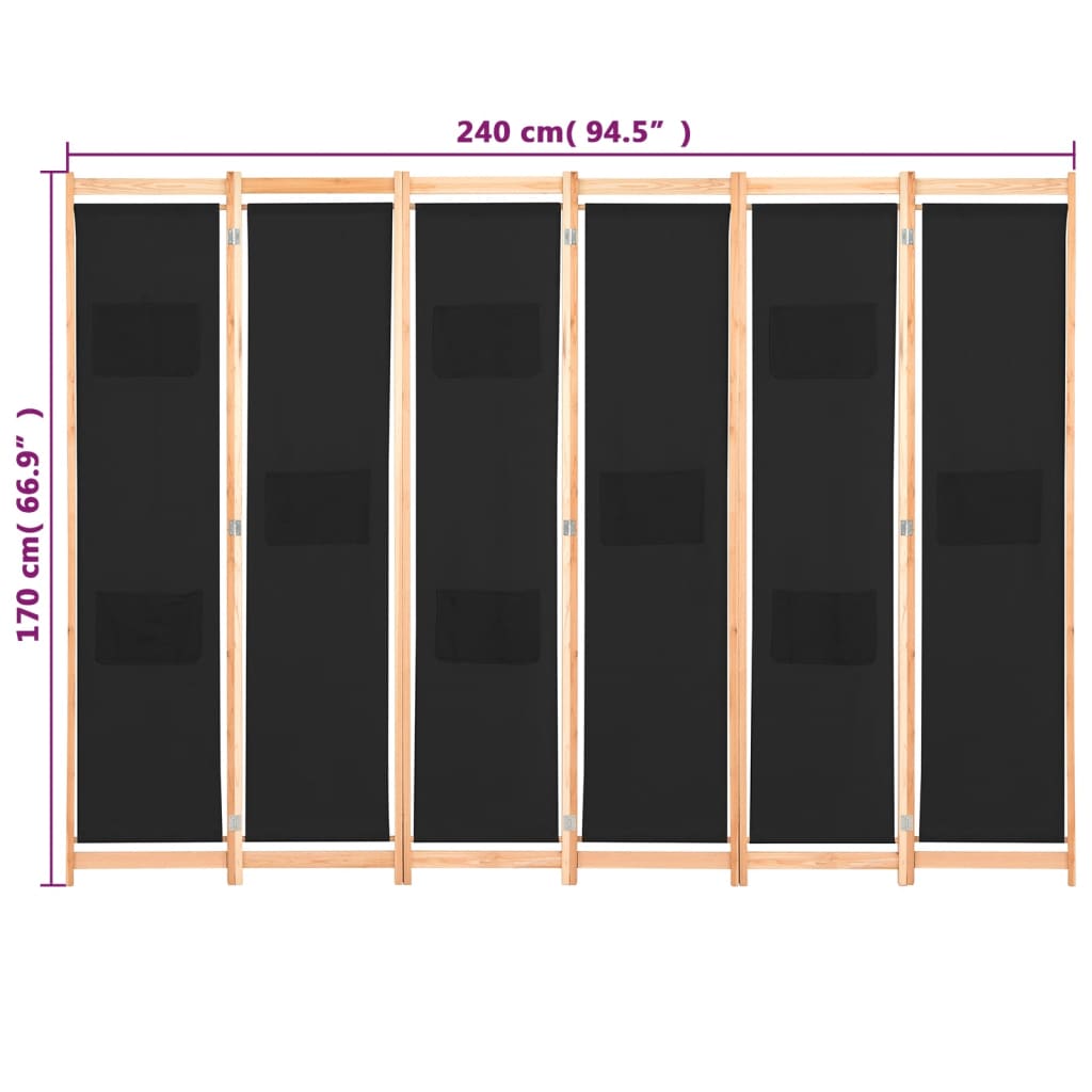 Cloison de séparation 6 panneaux Noir 240 x 170 x 4 cm Tissu - XIOS