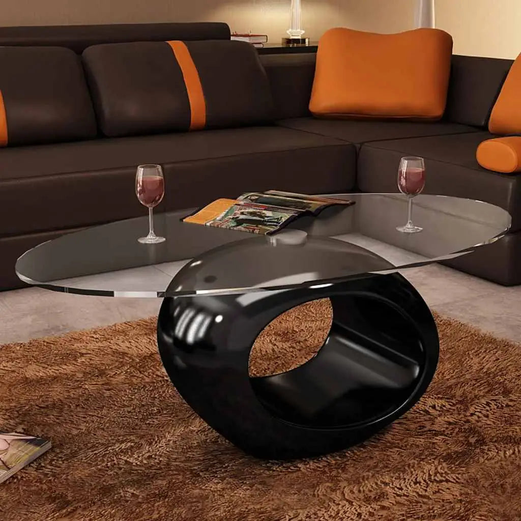 Table basse avec dessus de table en verre ovale Noir brillant - XIOS