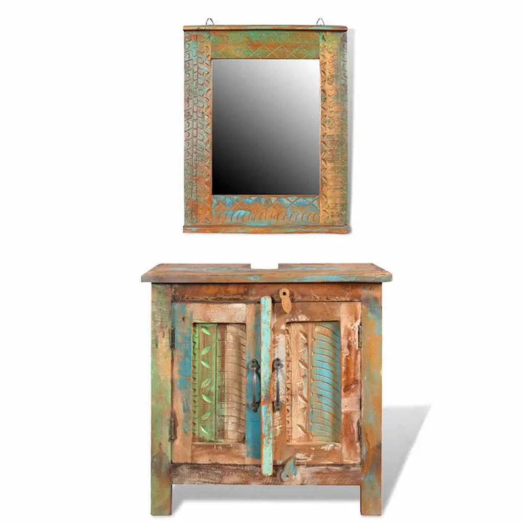 Ensemble meuble sous vasque et miroir en bois massif recyclé - XIOS