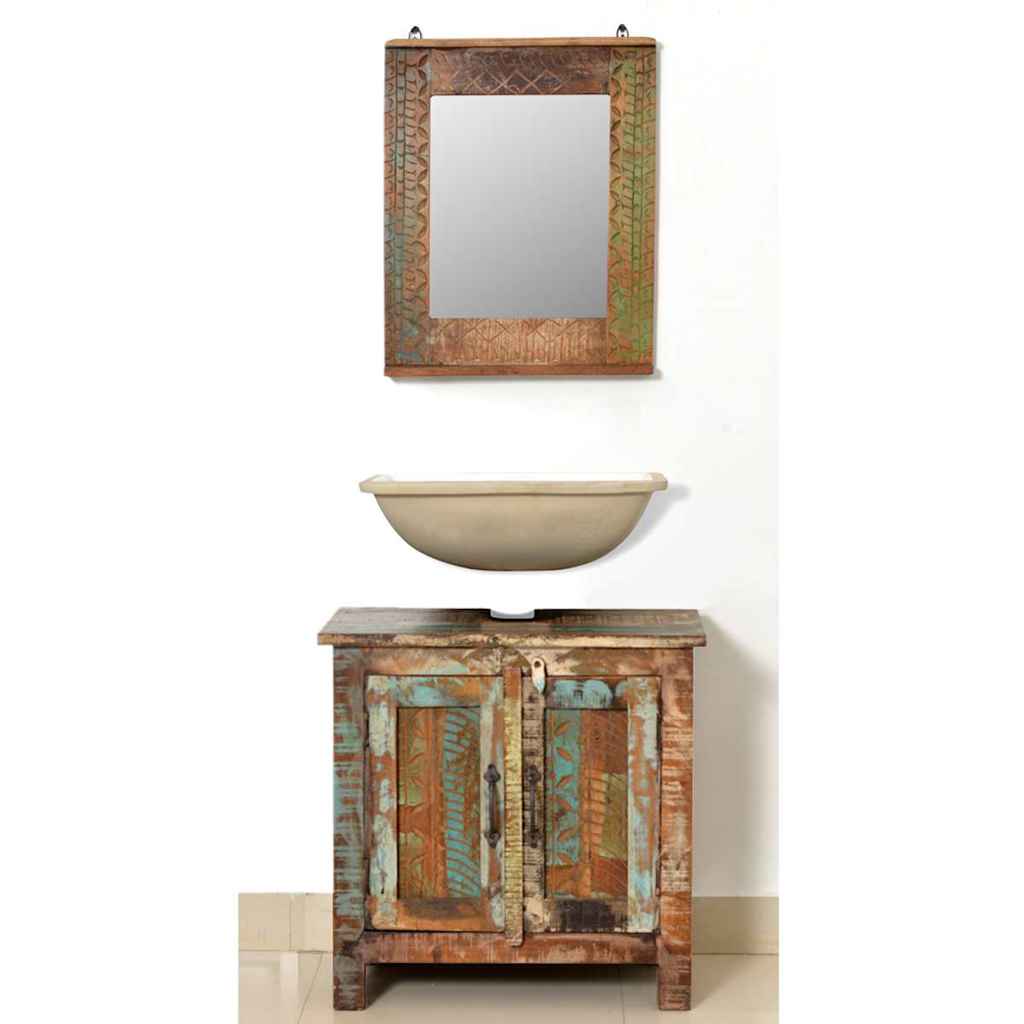 Ensemble meuble sous vasque et miroir en bois massif recyclé
