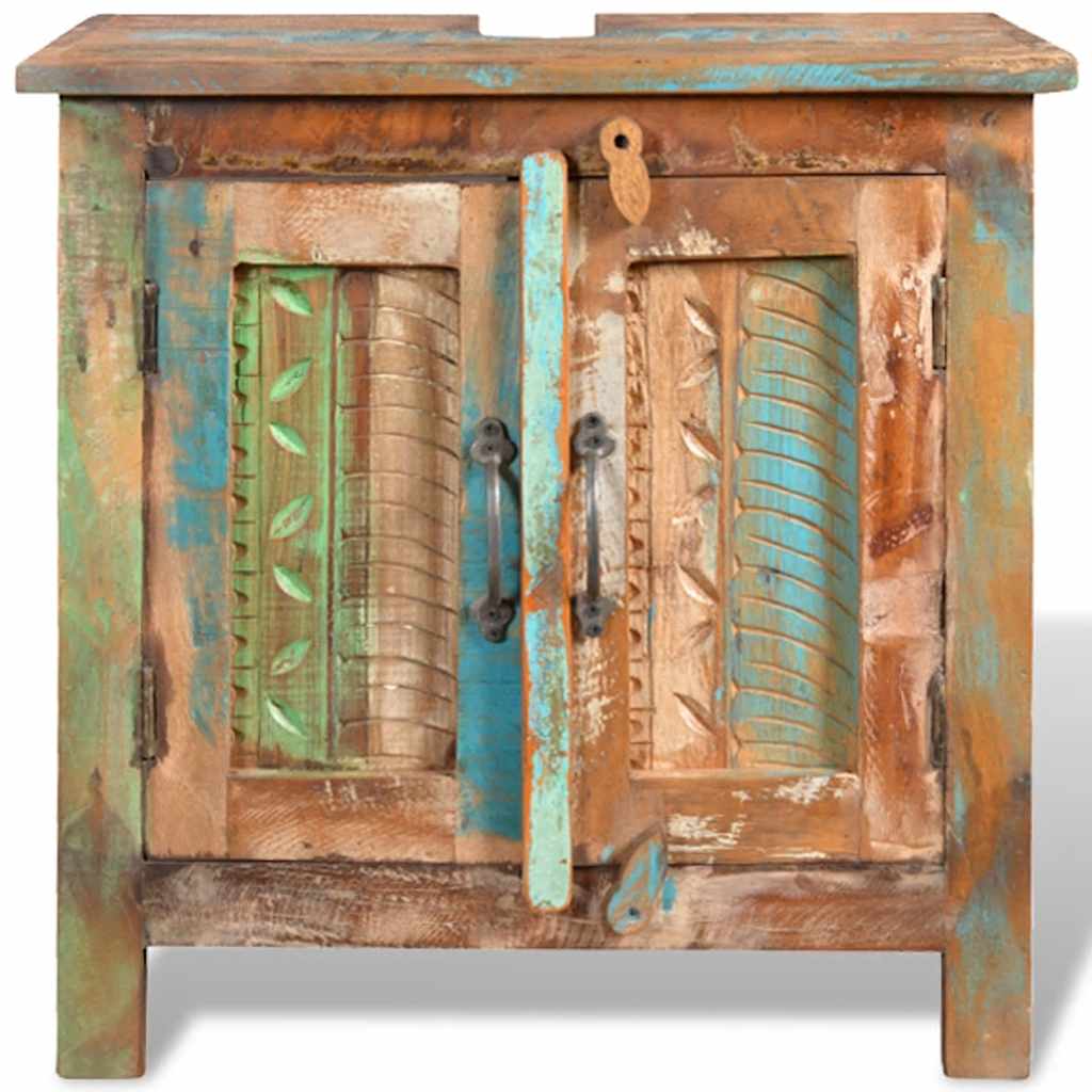 Ensemble meuble sous vasque et miroir en bois massif recyclé