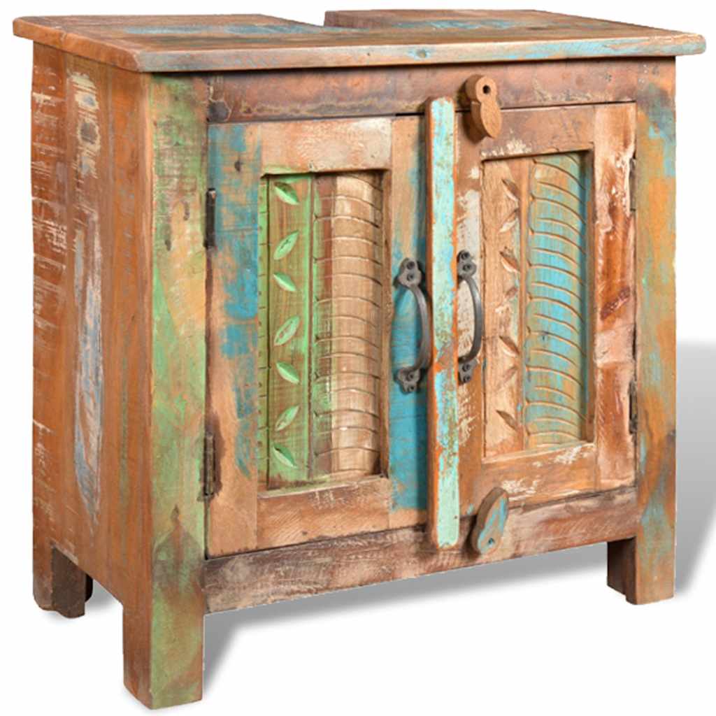 Ensemble meuble sous vasque et miroir en bois massif recyclé