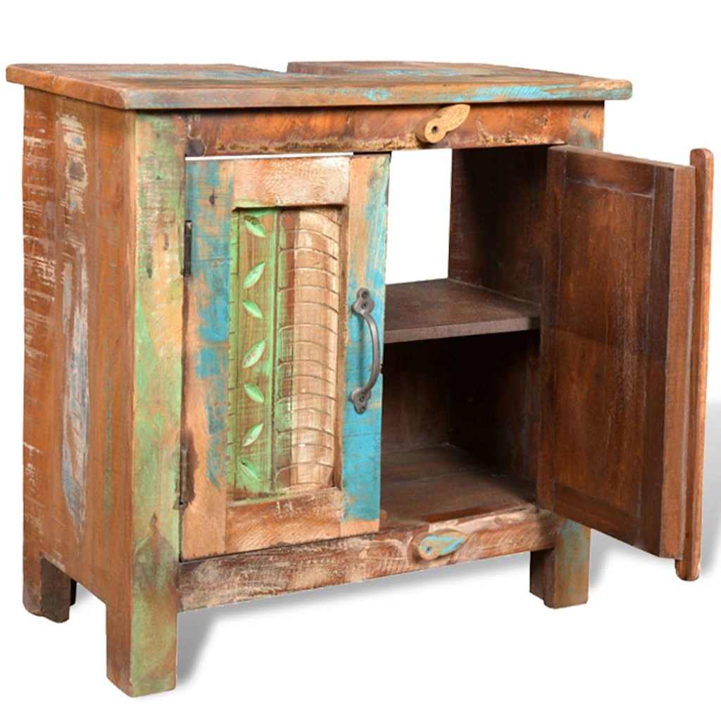 Ensemble meuble sous vasque et miroir en bois massif recyclé