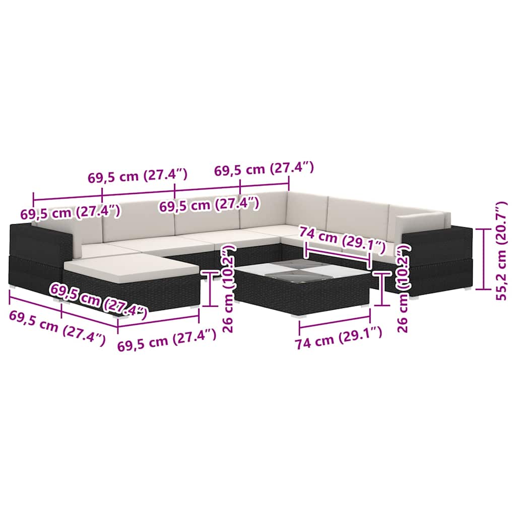 Salon de jardin 8 pcs avec coussins Résine tressée Noir - XIOS