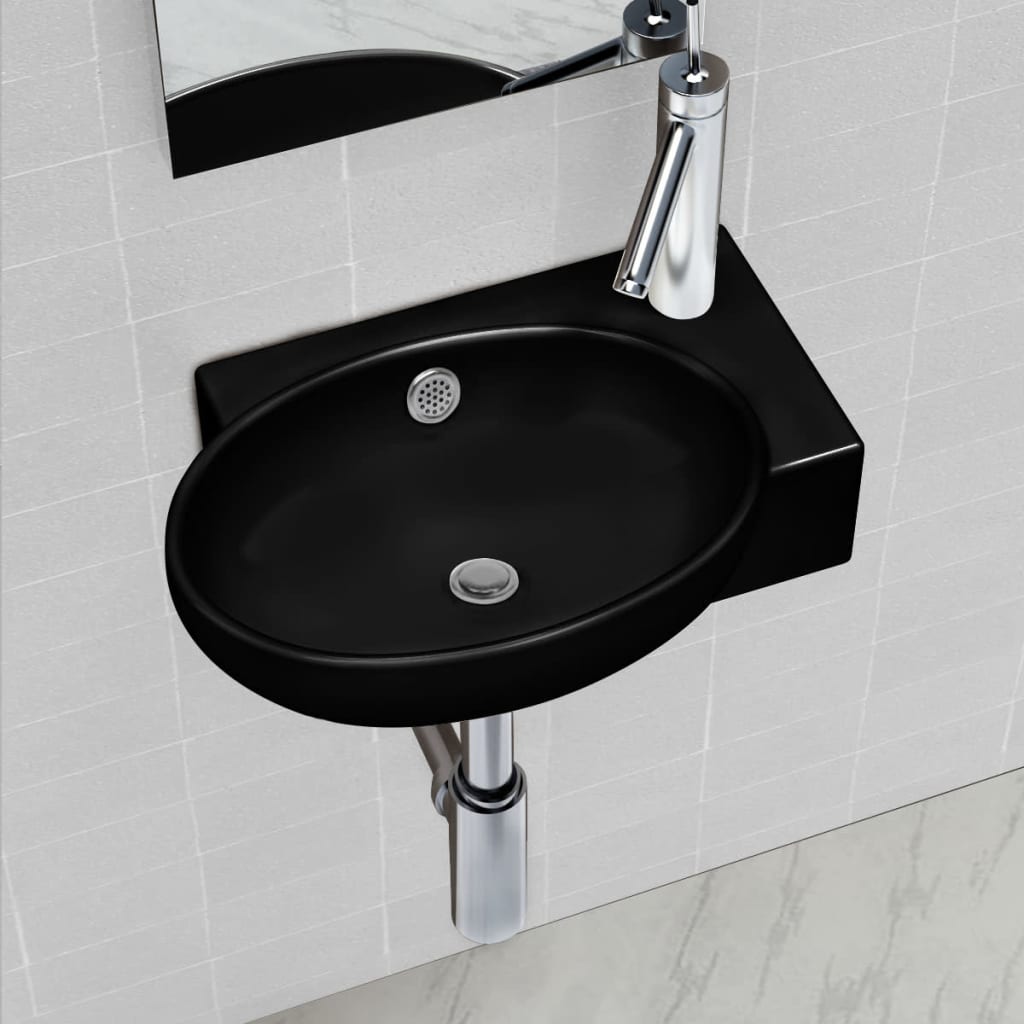 Vasque à trou de trop-plein/robinet céramique pour salle de bain Noir Lavabos vidaXL