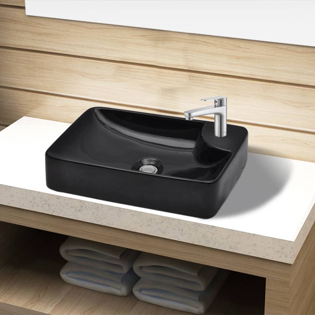 Vasque à trou pour robinet céramique Noir pour salle de bain Lavabos vidaXL