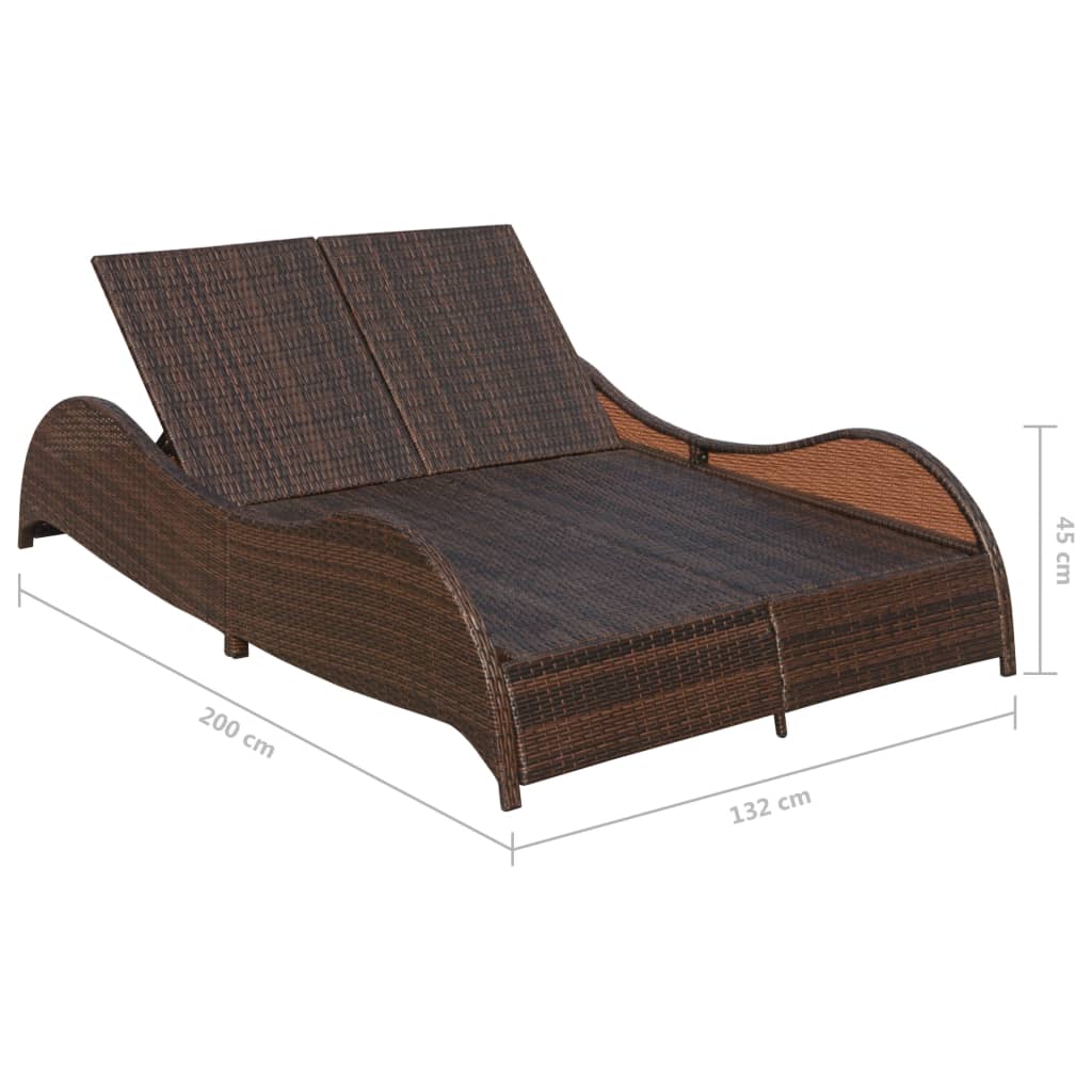 Chaise longue double avec coussin Résine tressée Marron Bains de soleil vidaXL