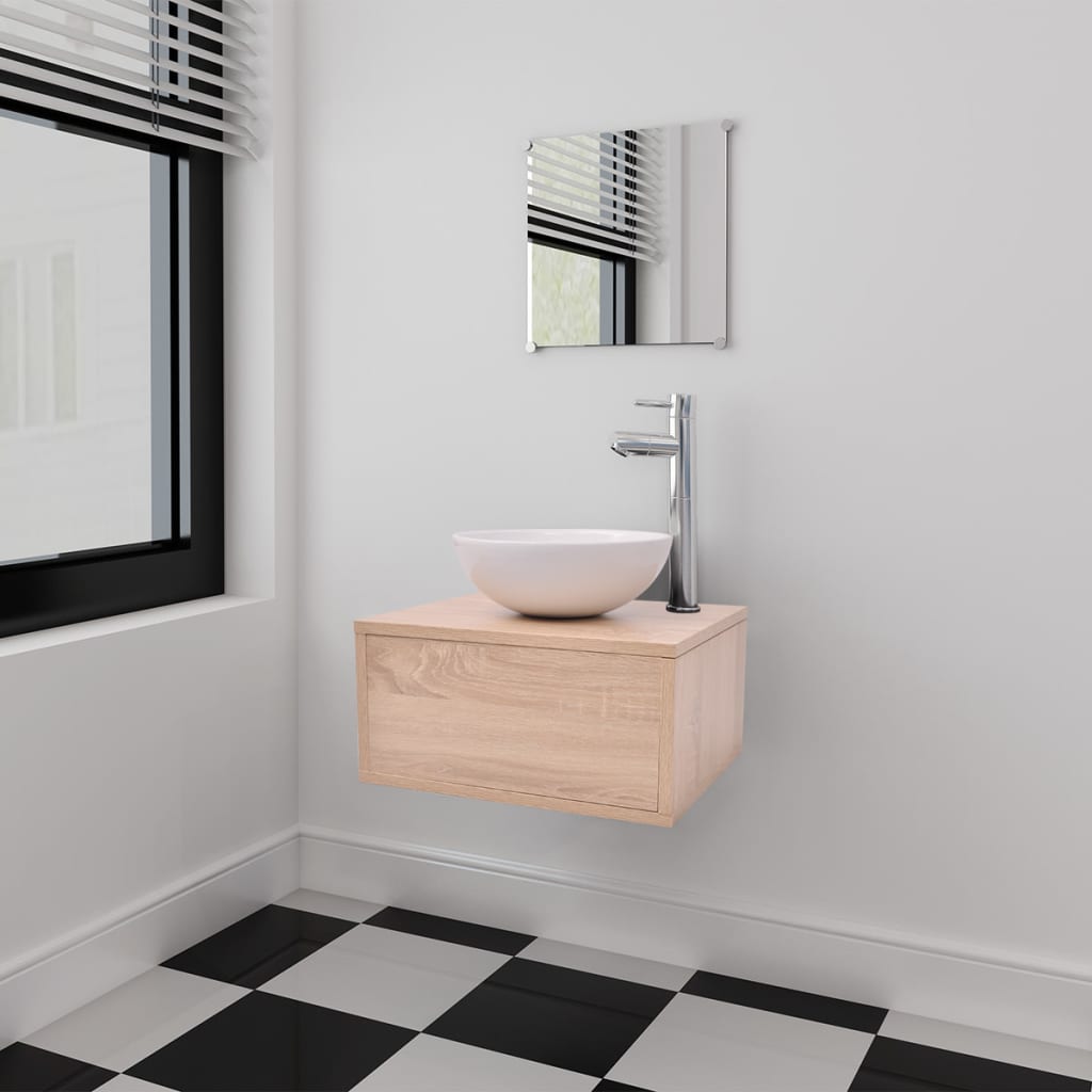 Meuble de salle de bain 4 pcs avec lavabo et robinet Beige Ensembles de mobilier pour salles de bains vidaXL