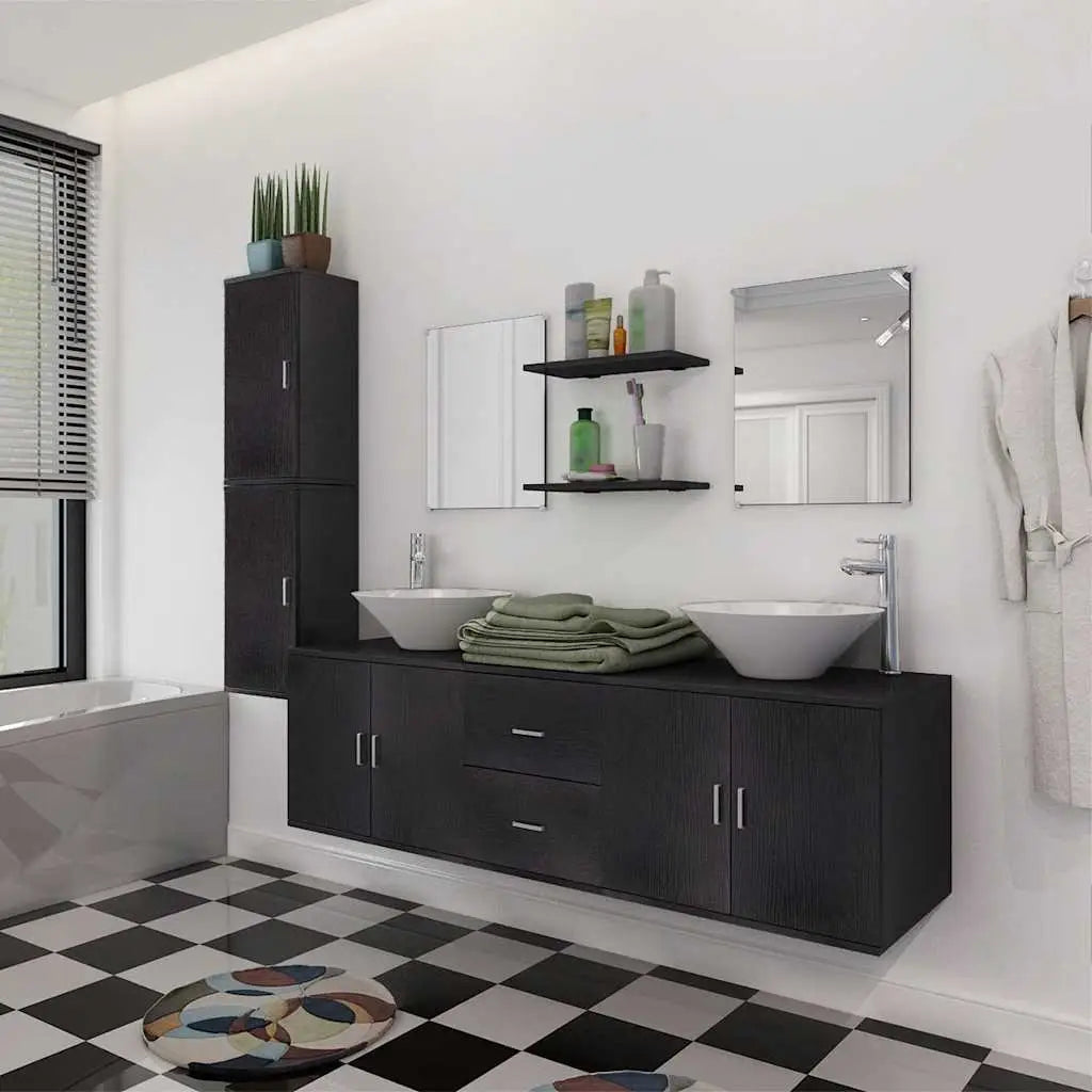Meuble de salle de bain 11 pcs avec lavabo et robinet Noir - XIOS