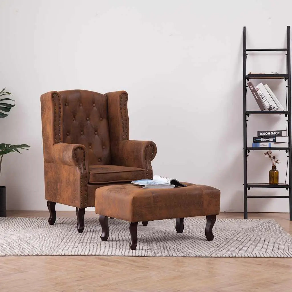 Fauteuil Chesterfield et repose-pieds Marron Similicuir daim - XIOS