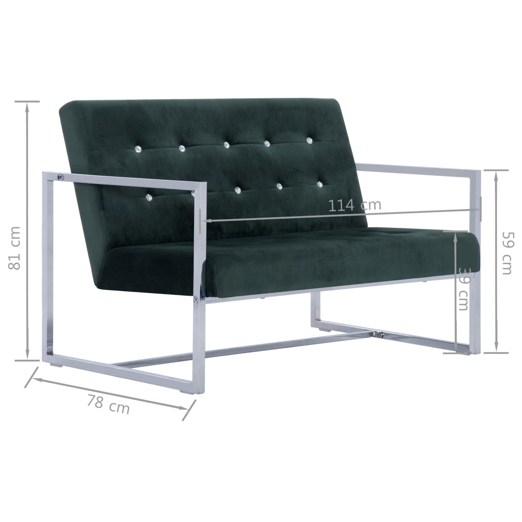 Canapé 2 places avec accoudoirs Vert foncé Chrome et velours - XIOS