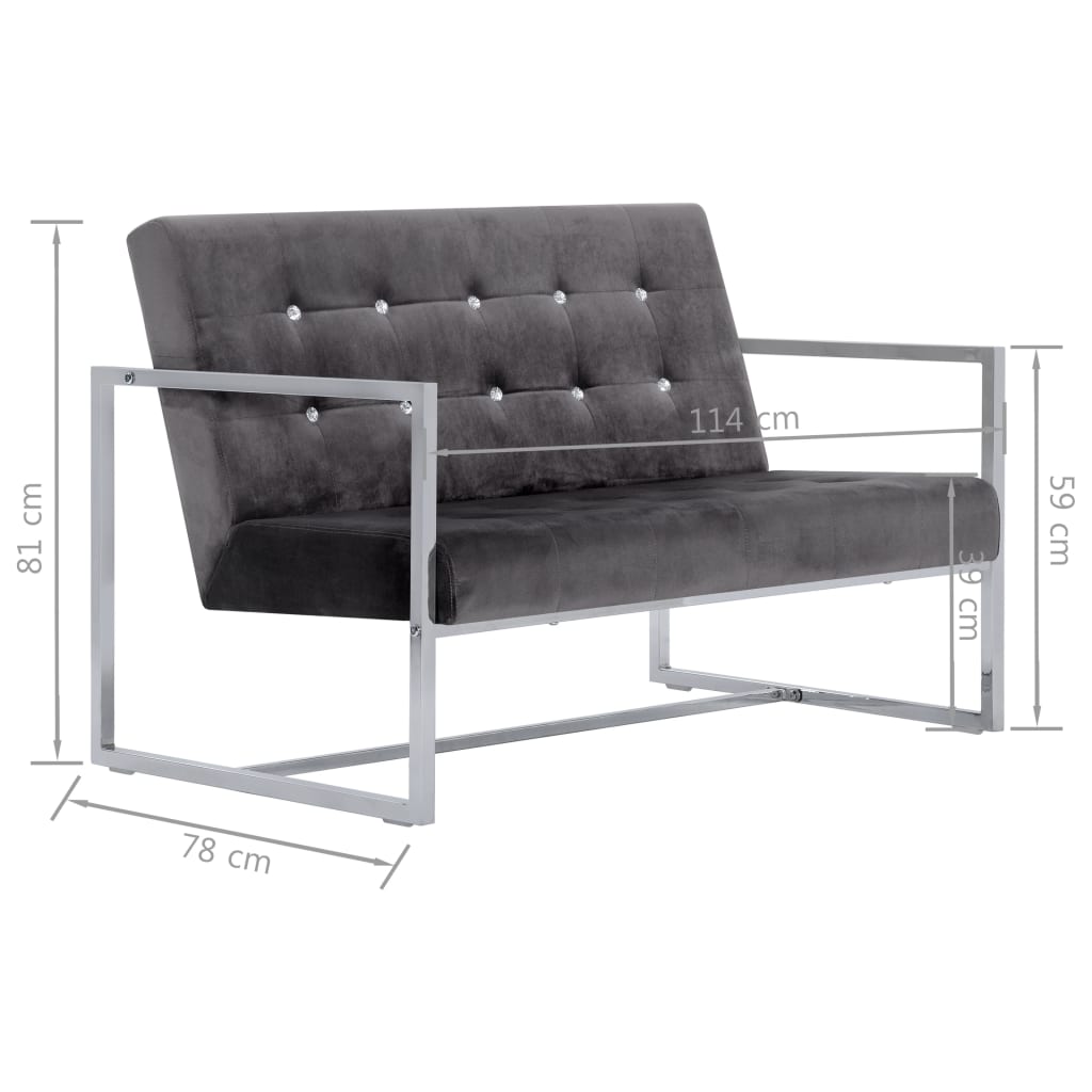 Canapé 2 places avec accoudoirs Gris foncé Chrome et velours - XIOS
