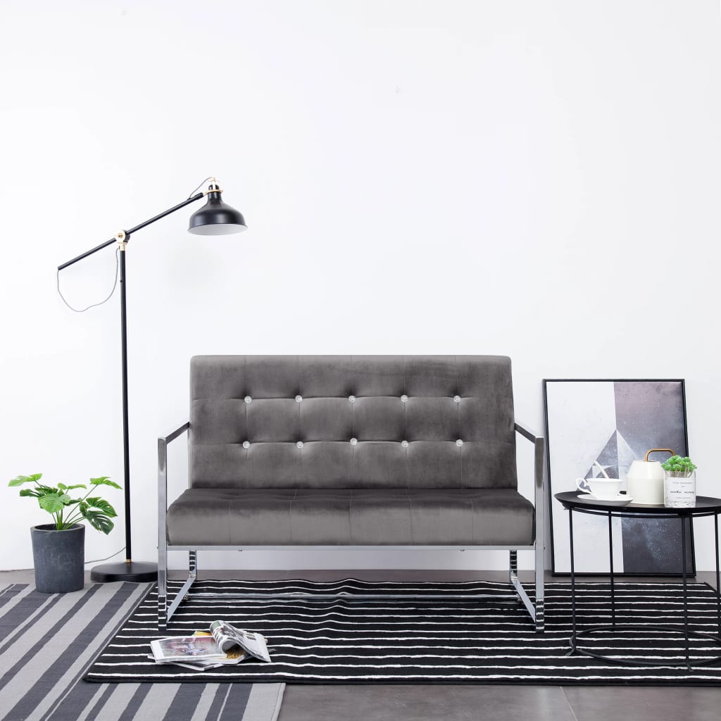 Canapé 2 places avec accoudoirs Gris foncé Chrome et velours - XIOS
