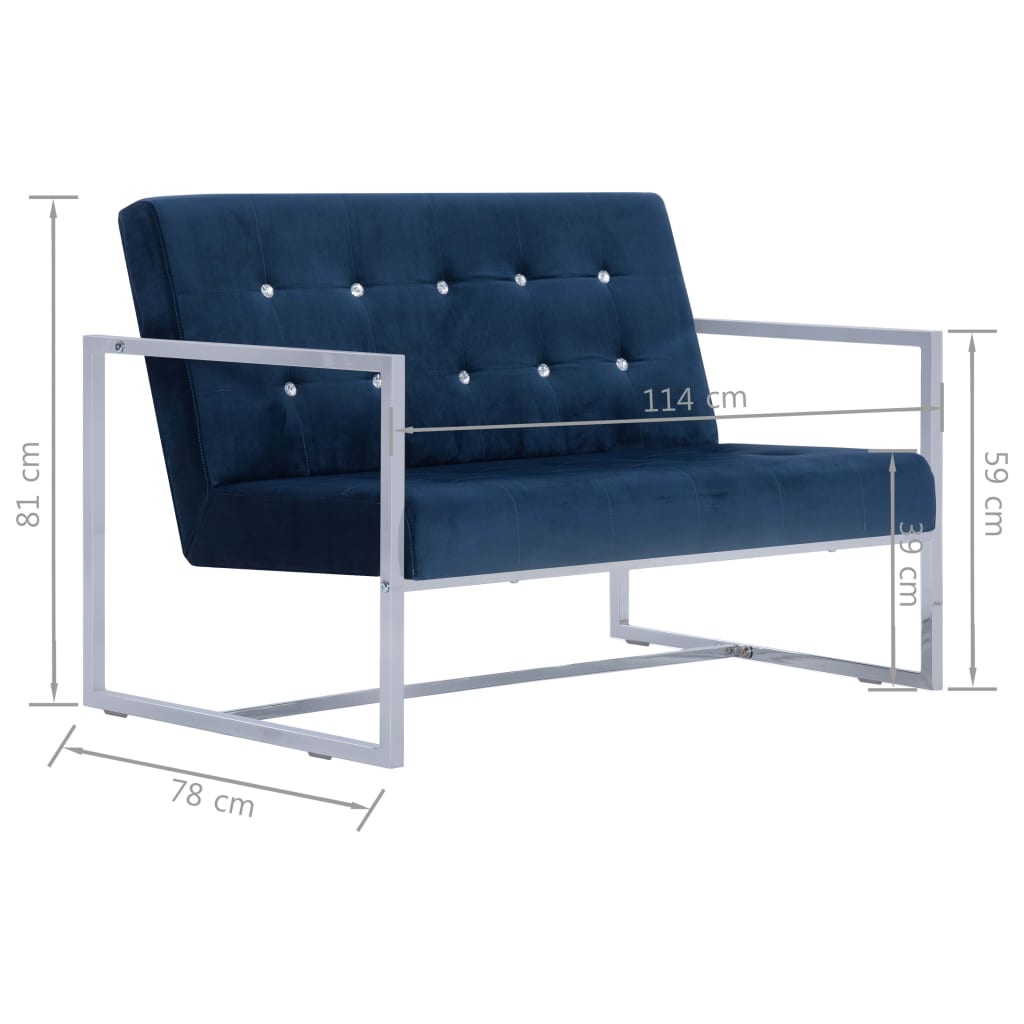 Canapé 2 places avec accoudoirs Bleu Chrome et velours - XIOS