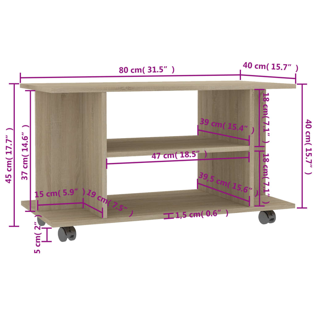 Meuble TV et roulettes chêne sonoma 80x40x45 cm bois ingénierie - XIOS