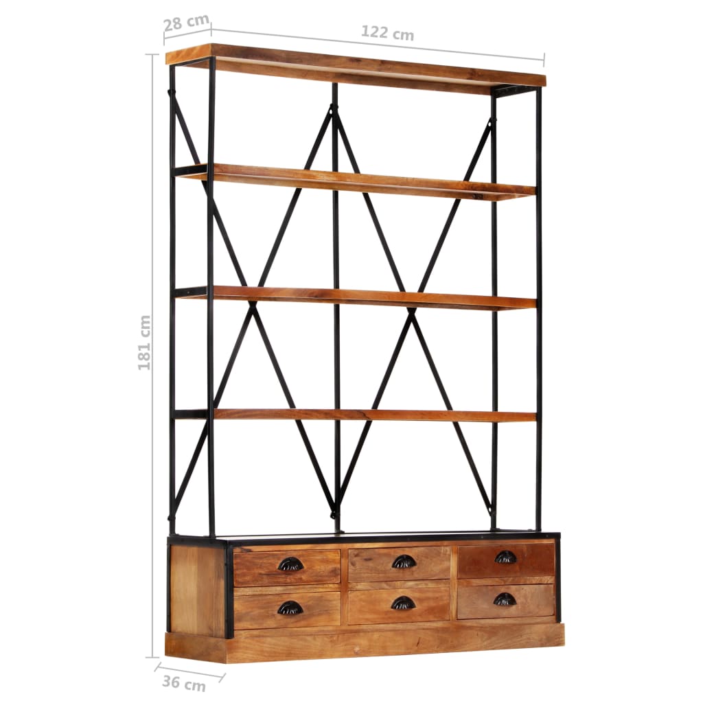 Bibliothèque à 4 étagères avec 6 tiroirs 122x36x181 cm Manguier - XIOS