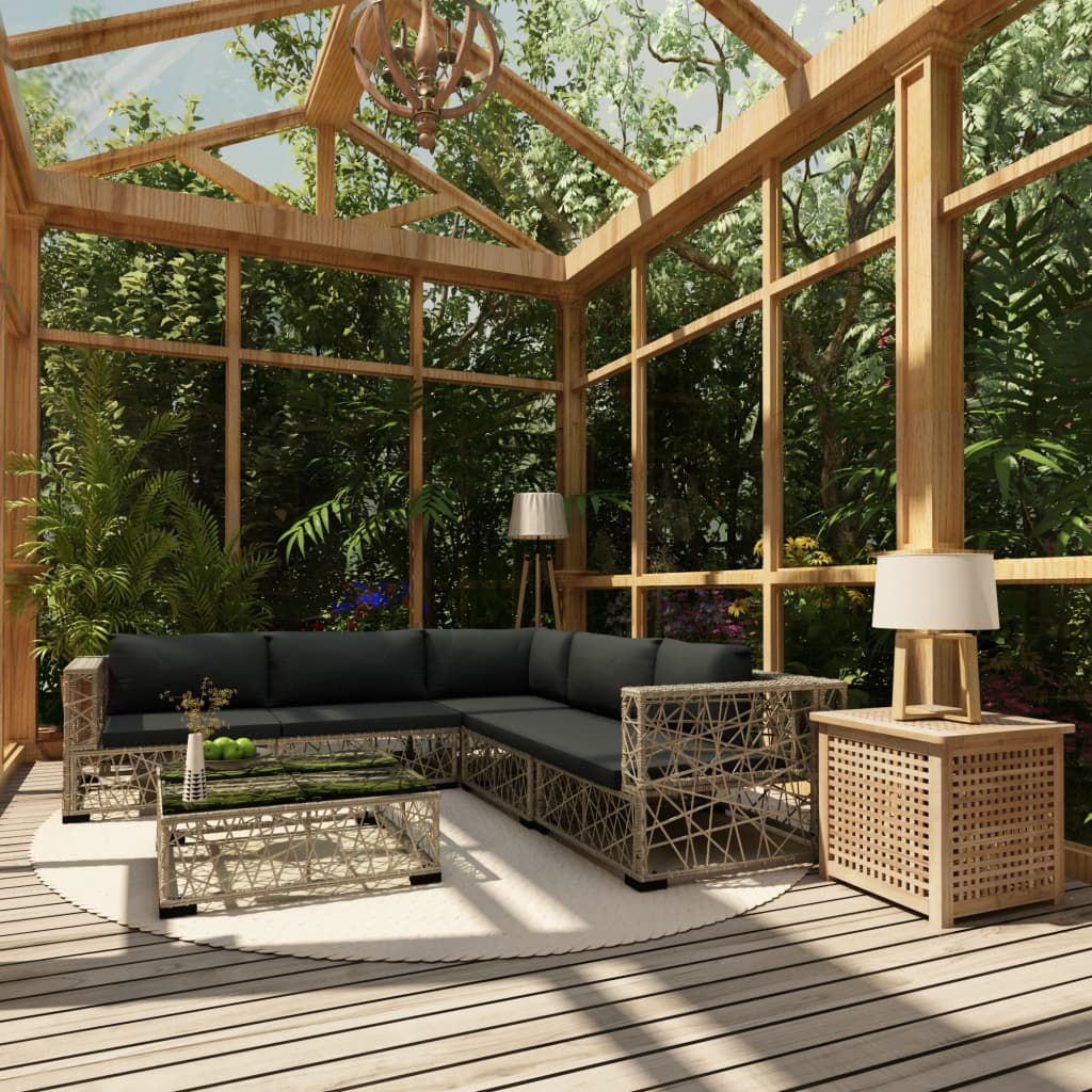 Salon de jardin 6 pcs avec coussins résine tressée gris - XIOS