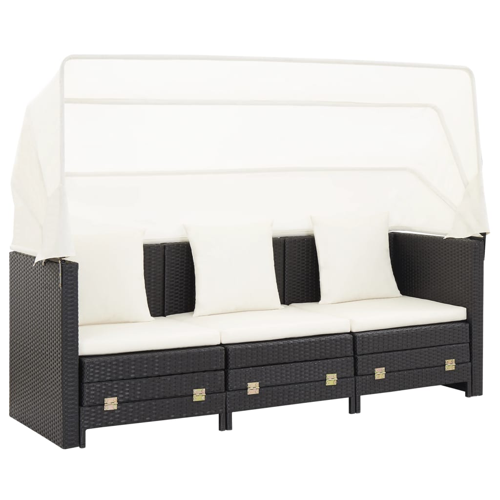 Canapé-lit extensible 3 places avec toit Résine tressée Noir Canapés de jardin vidaXL