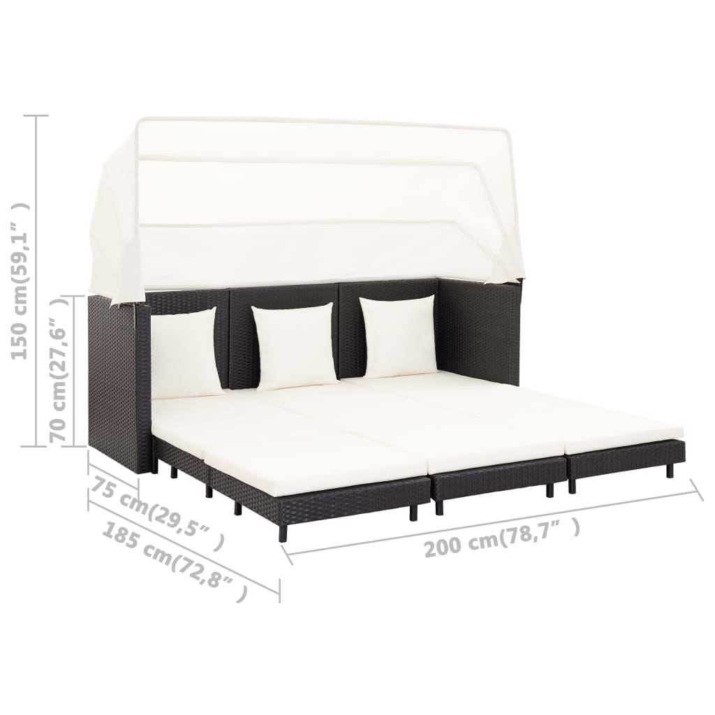 Canapé-lit extensible 3 places avec toit Résine tressée Noir Canapés de jardin vidaXL