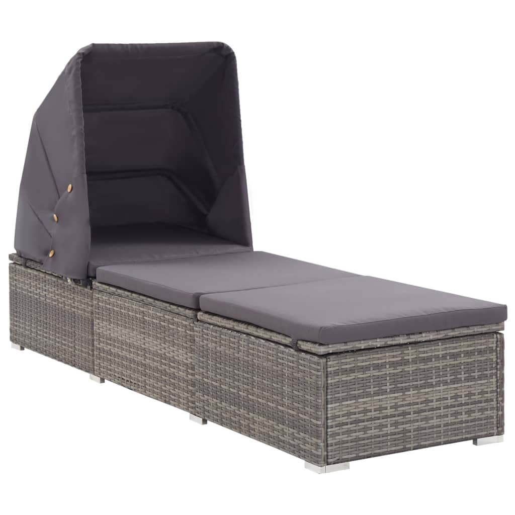 Chaise longue avec auvent et coussin Résine tressée Gris Bains de soleil vidaXL