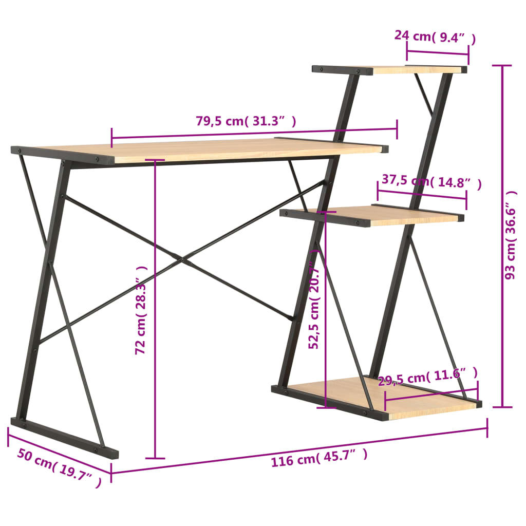 Bureau avec étagère Noir et chêne 116x50x93 cm - XIOS