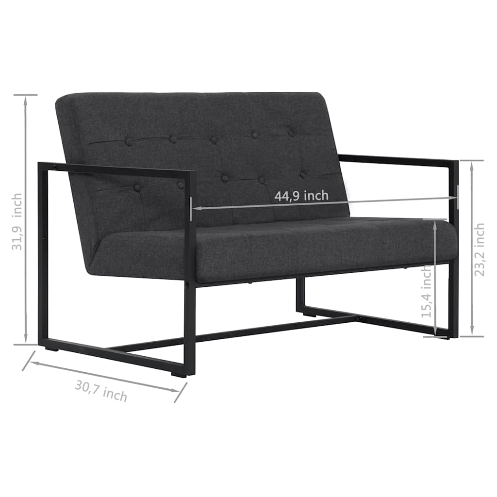 Canapé 2 places avec accoudoirs gris foncé en acier et tissu
