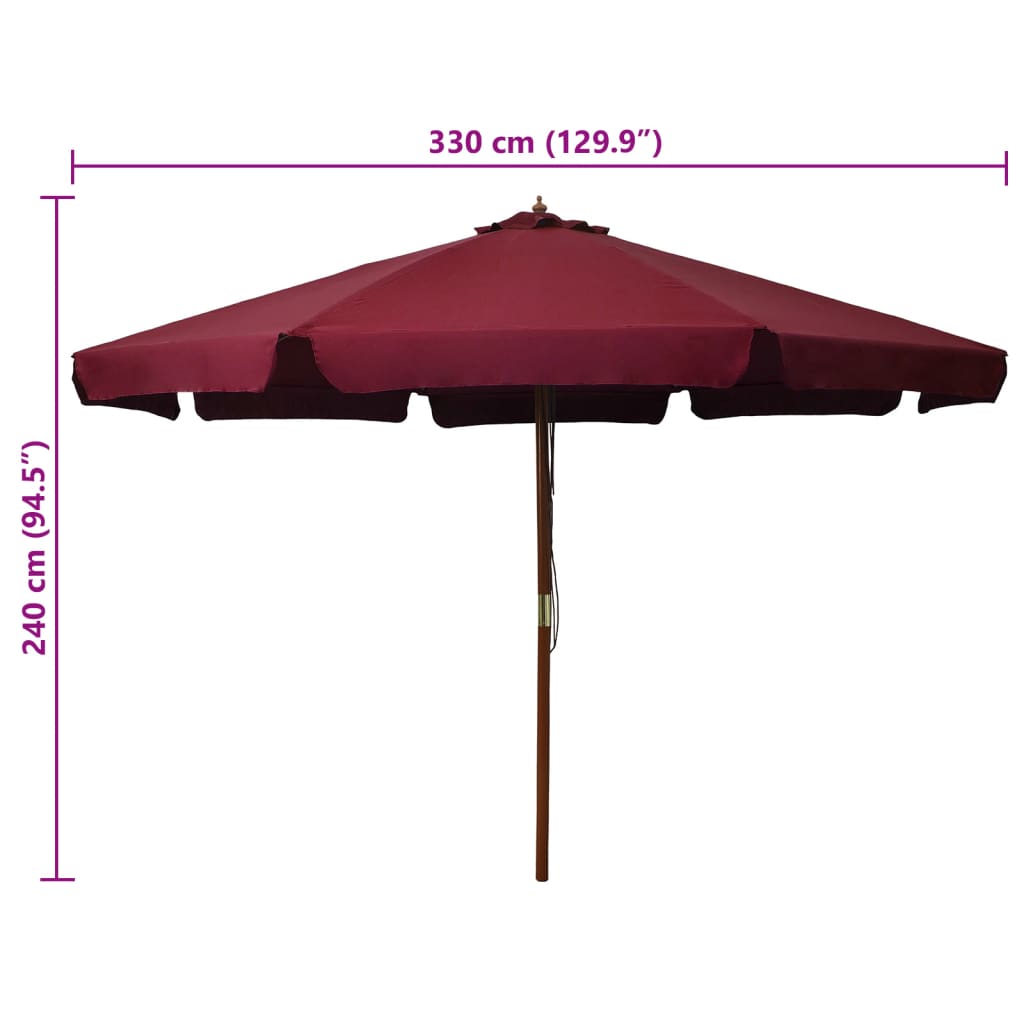 Parasol d'extérieur avec mât en bois 330 cm Bordeaux Parasols & voiles d'ombrage vidaXL