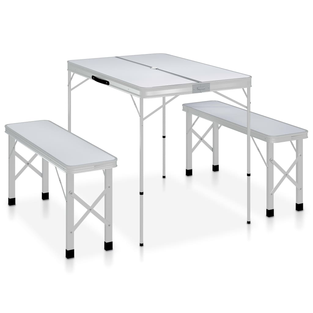 Table de camping pliable avec 2 bancs Aluminium Blanc Meubles de camping vidaXL