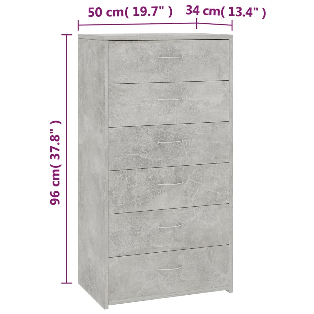 Buffet avec 6 tiroirs Gris béton 50x34x96 cm Bois d'ingénierie - XIOS