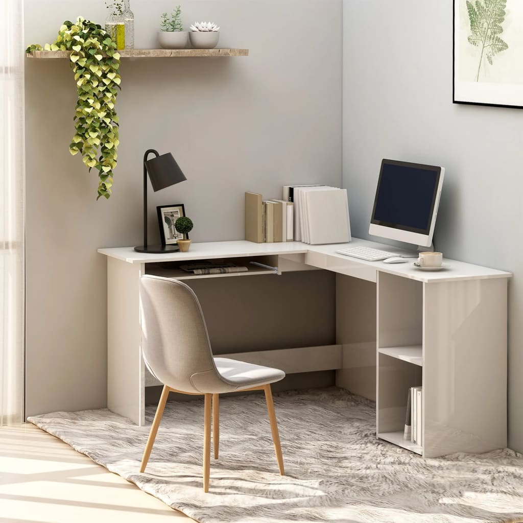 Bureau d'angle en forme de L Blanc brillant Bois d'ingénierie Bureaux vidaXL