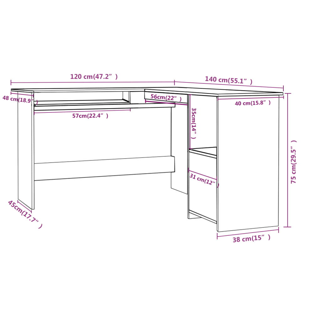 Bureau d'angle forme de L Gris brillant 120x140x75cm Aggloméré - XIOS