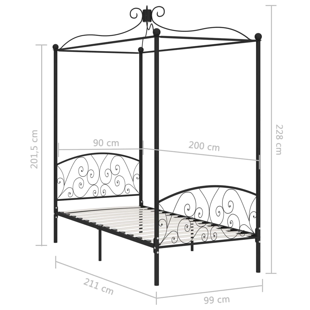 Cadre de lit à baldaquin sans matelas noir métal 90x200 cm