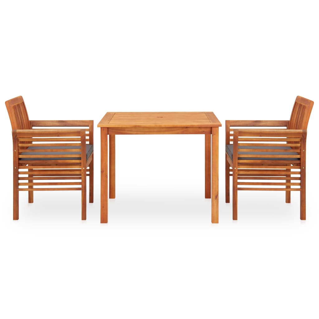 Ensemble à manger d'extérieur 3 pcs et coussins Acacia solide