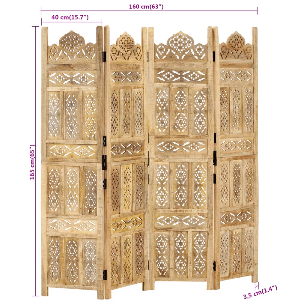 Cloison de séparation 4 panneaux 160x165 cm Bois de manguier - XIOS