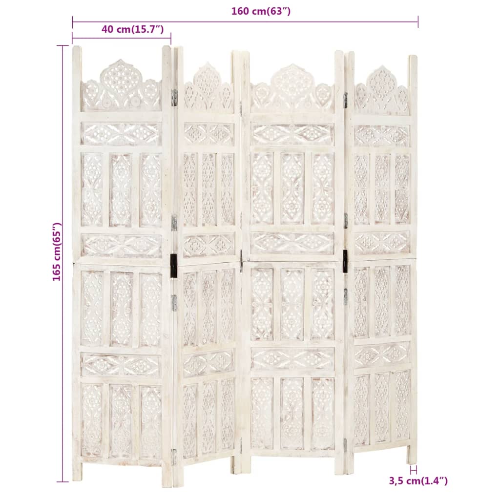 Cloison de séparation 4 panneaux Blanc 160x165 cm Bois manguier XIOS