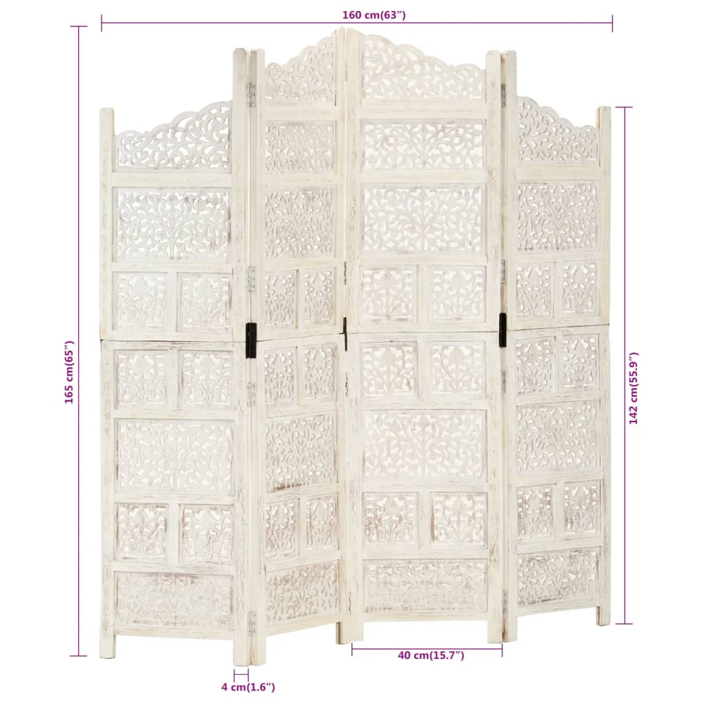 Cloison de séparation 4 panneaux Blanc 160x165 cm Bois manguier XIOS