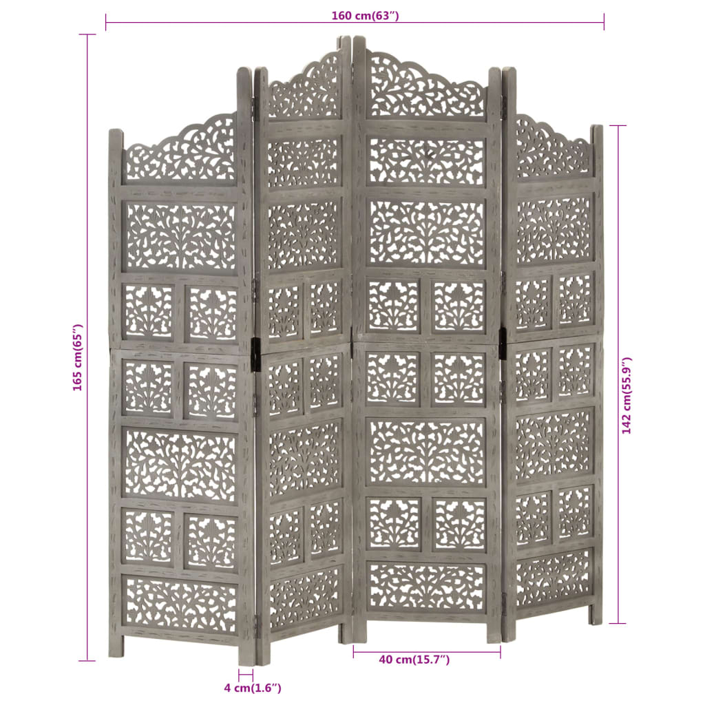 Cloison de séparation 4 panneaux Gris 160x165 cm Bois manguier XIOS