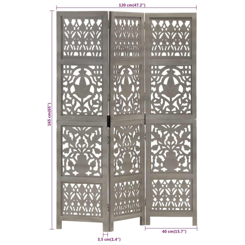 Cloison de séparation 3 panneaux Gris 120x165 cm Bois manguier XIOS