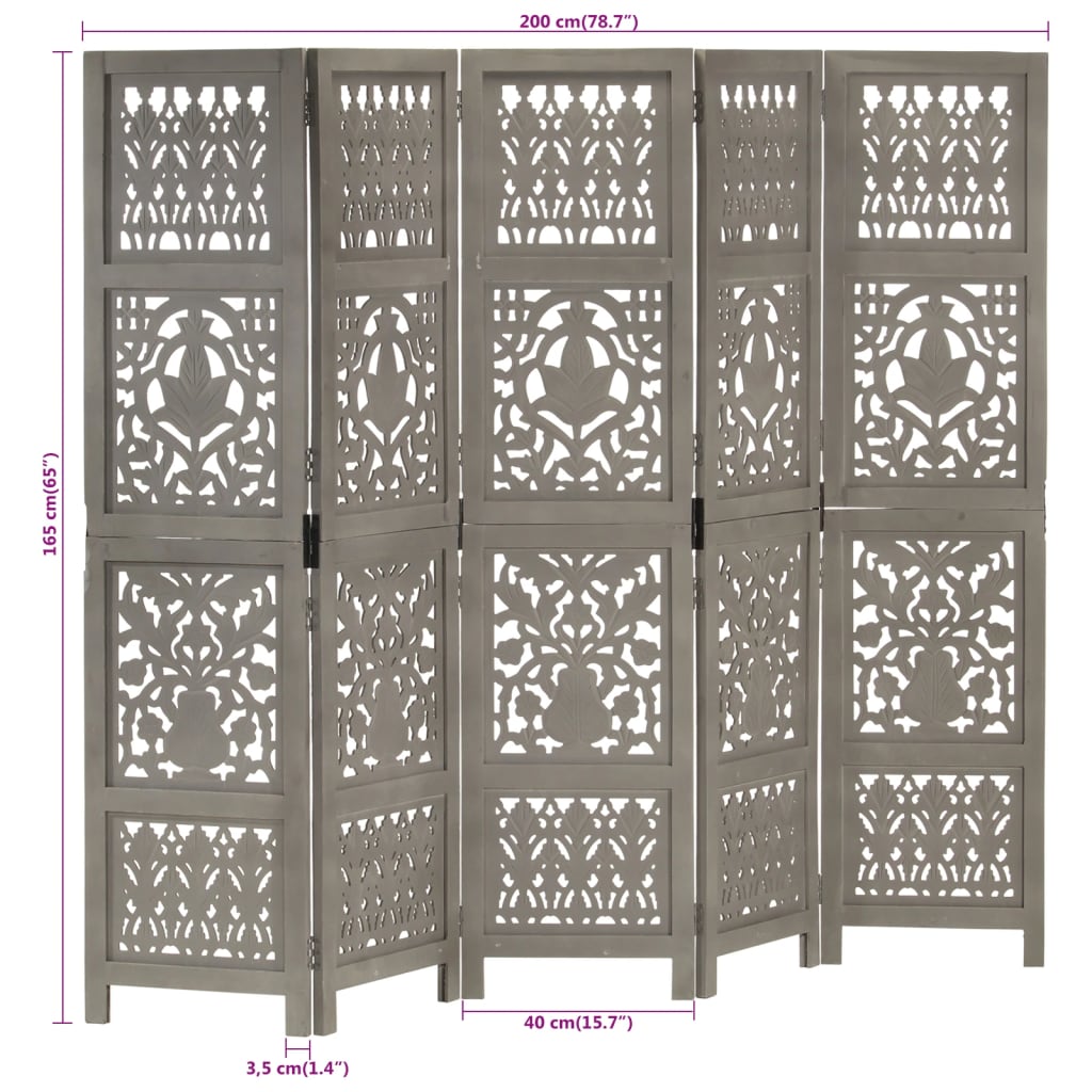 Cloison de séparation 5 panneaux Gris 200x165 cm Bois manguier XIOS