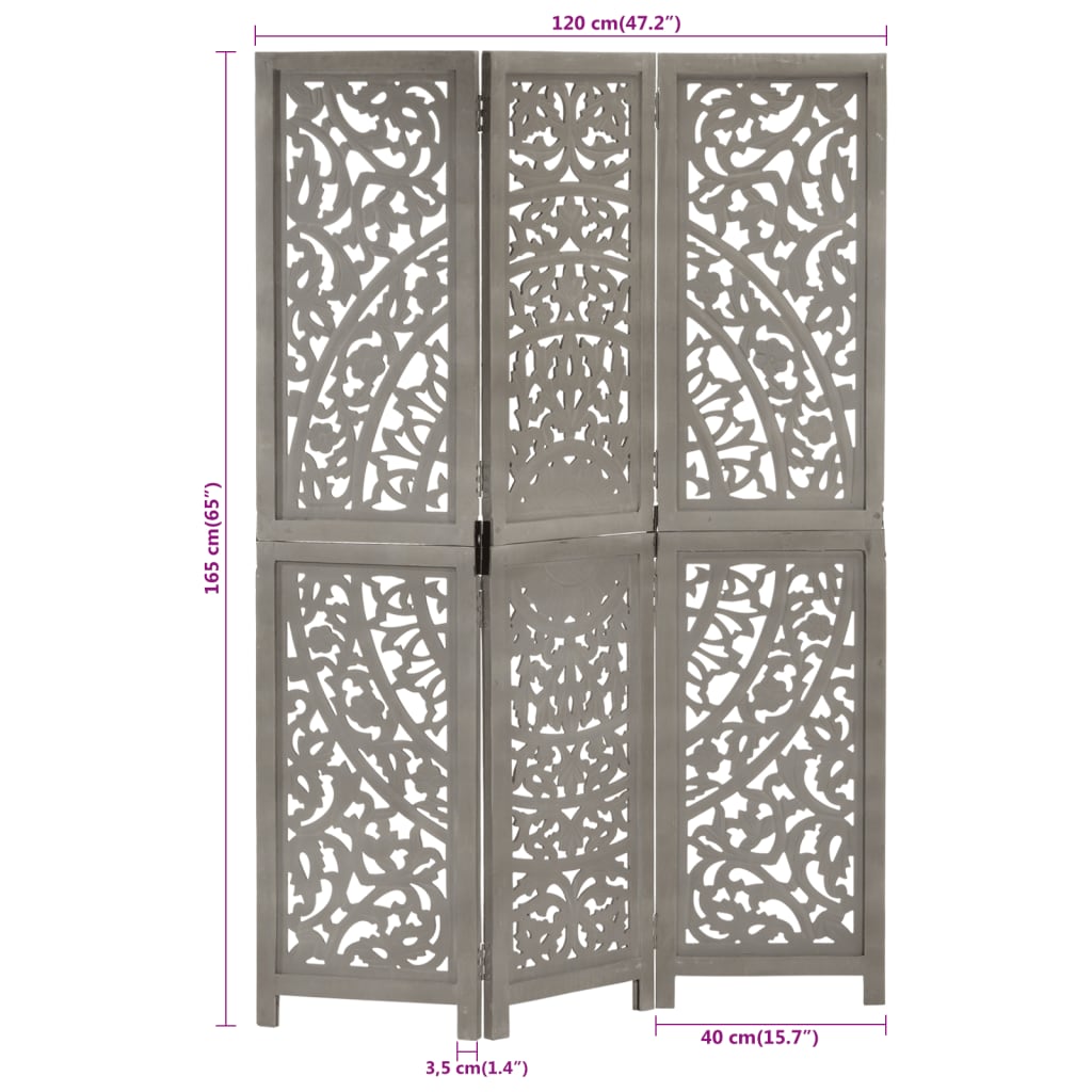 Cloison de séparation 3 panneaux Gris 120x165 cm Bois manguier XIOS