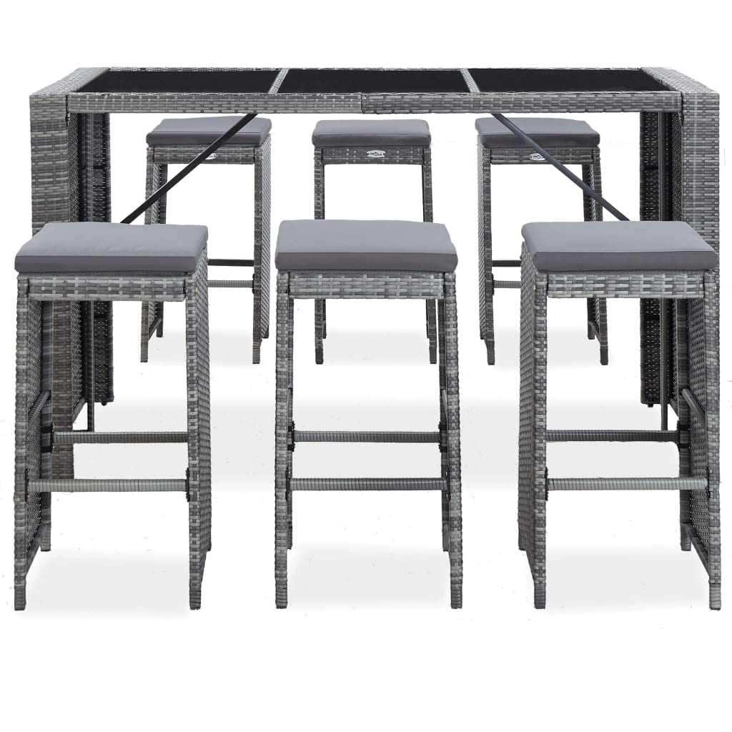 Meuble de bar de jardin 7 pcs et coussins Résine tressée Gris - XIOS
