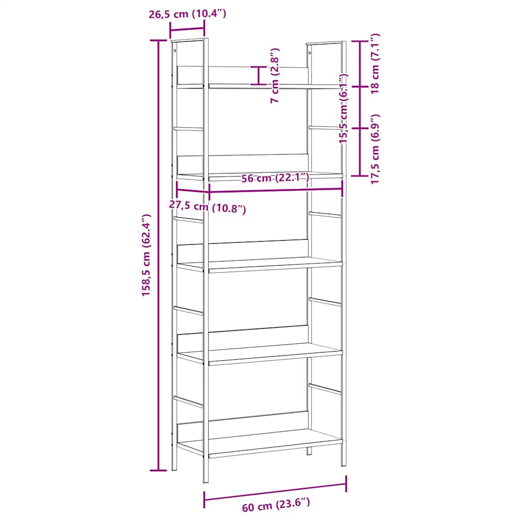 Bibliothèque à 5 niveaux noir 60x27,6x158,5cm bois d'ingénierie - XIOS