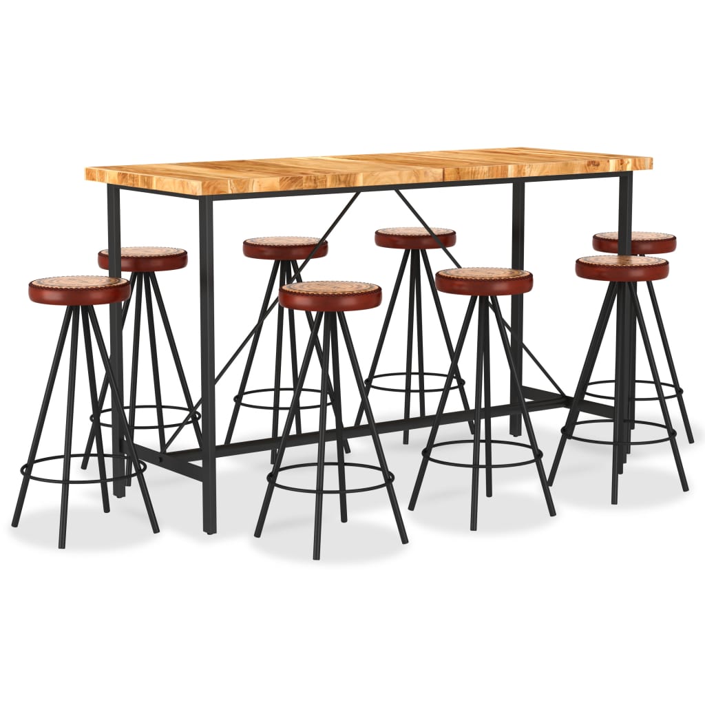 Ensemble de bar 9 pcs Bois d'acacia solide et cuir véritable - XIOS