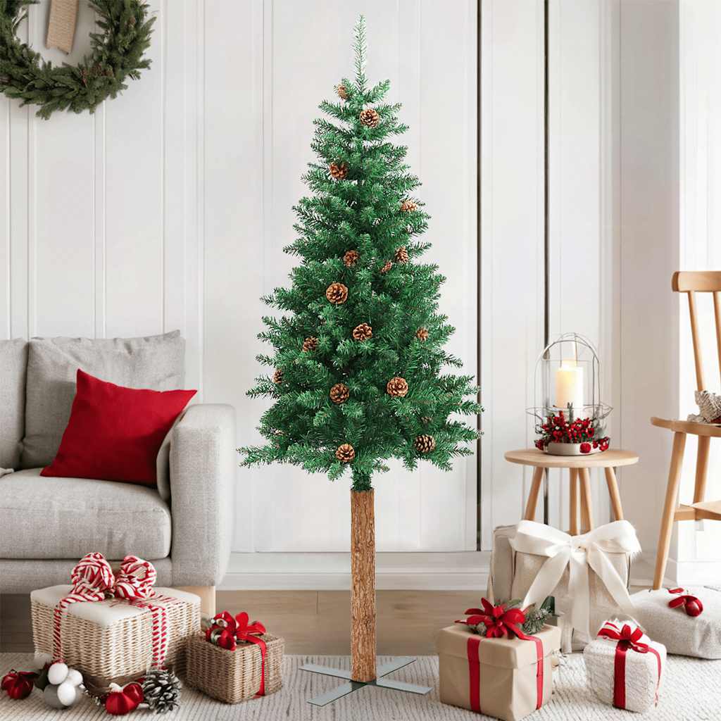 Sapin de Noël mince avec bois véritable et cônes vert 150cm PVC - XIOS
