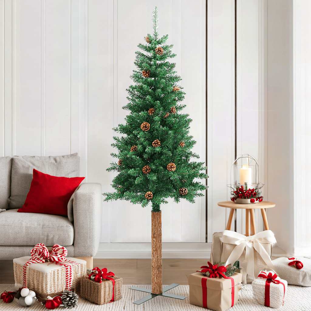 Sapin de Noël mince avec bois véritable et cônes vert 180cm PVC - XIOS